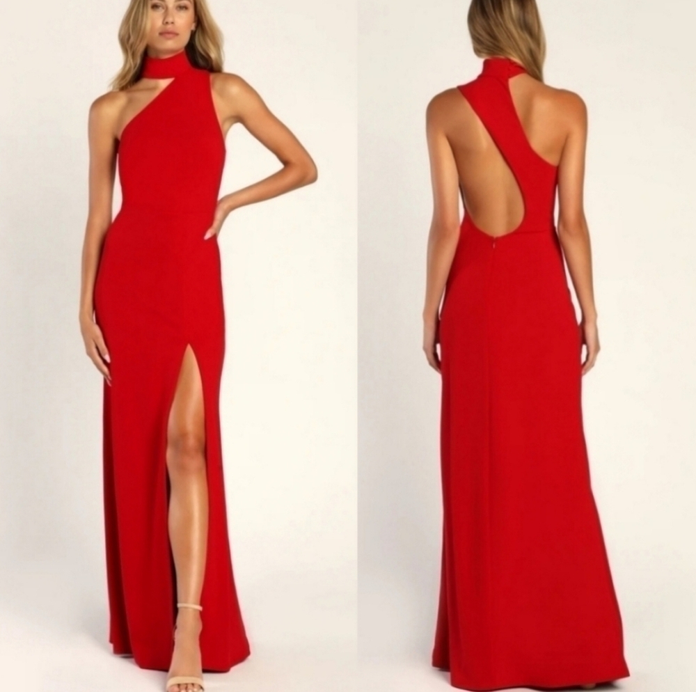 Lulus Keep It Interesting Red Asymmetrical Cutout Halter Maxi Dress M Party